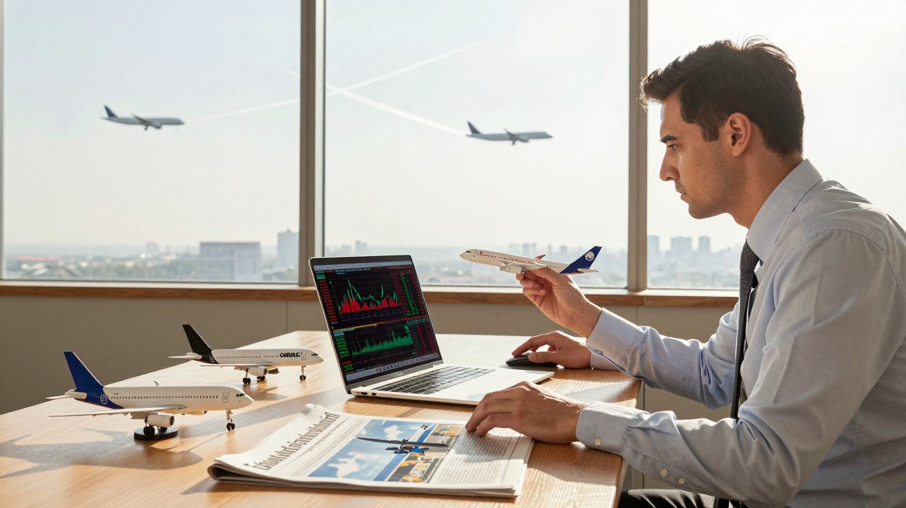 Homem a analisar gráficos num portátil, segurando um modelo de avião, com outros modelos e jornal numa mesa junto a janela co