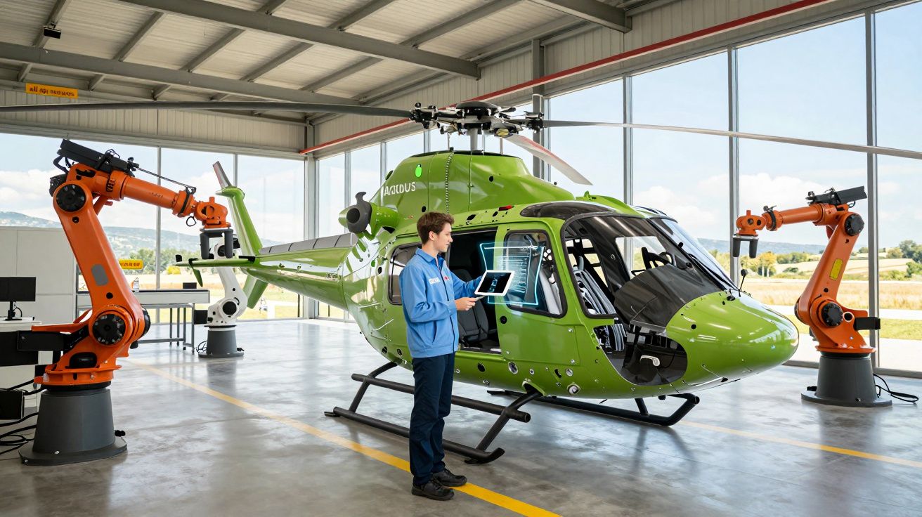 Homem a inspecionar helicóptero verde num hangar com dois braços robóticos à volta.