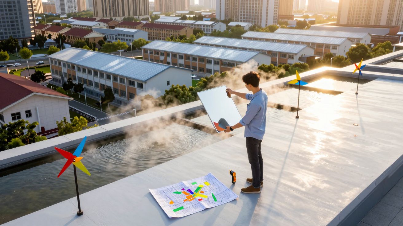 Homem no telhado ajusta espelho para refletir luz solar em painel de projeto arquitetônico.