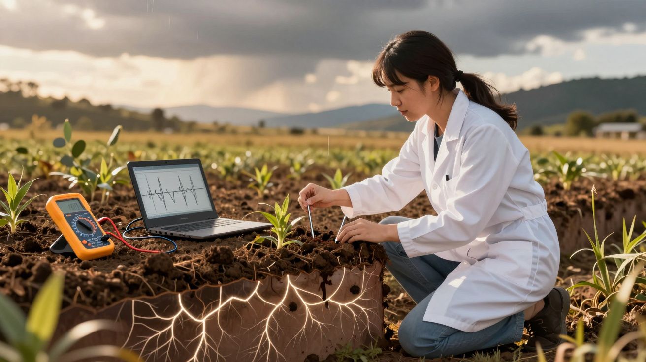 Mulher em bata branca faz análises em planta no campo com equipamentos eletrónicos, raízes destacadas em ilustração.