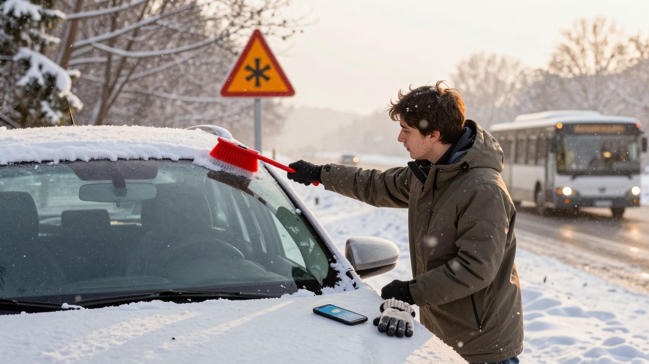 Homem a limpar neve do para-brisas de um carro estacionado numa estrada coberta de neve.