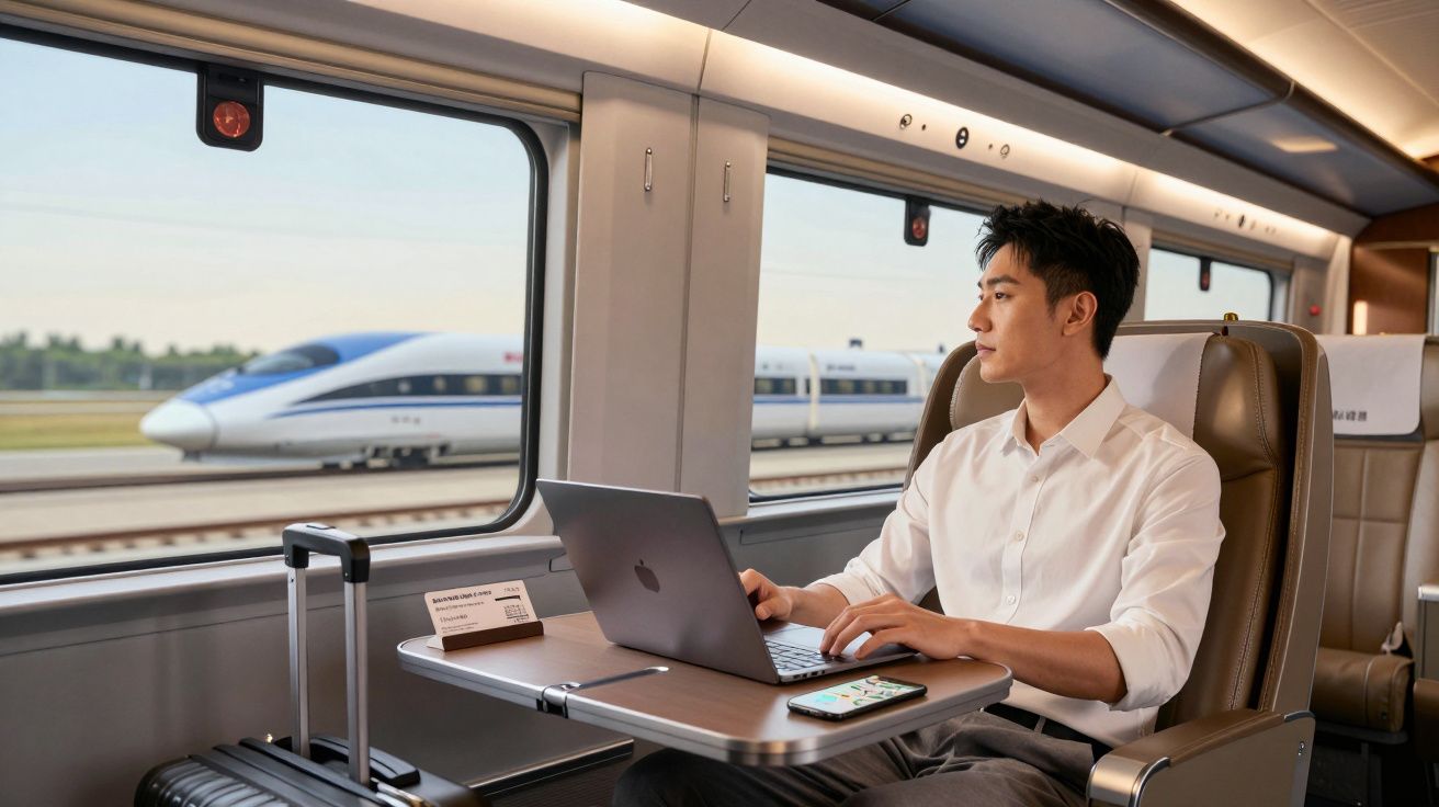 Homem sentado num comboio a trabalhar num portátil, com comboio de alta velocidade a passar pela janela.