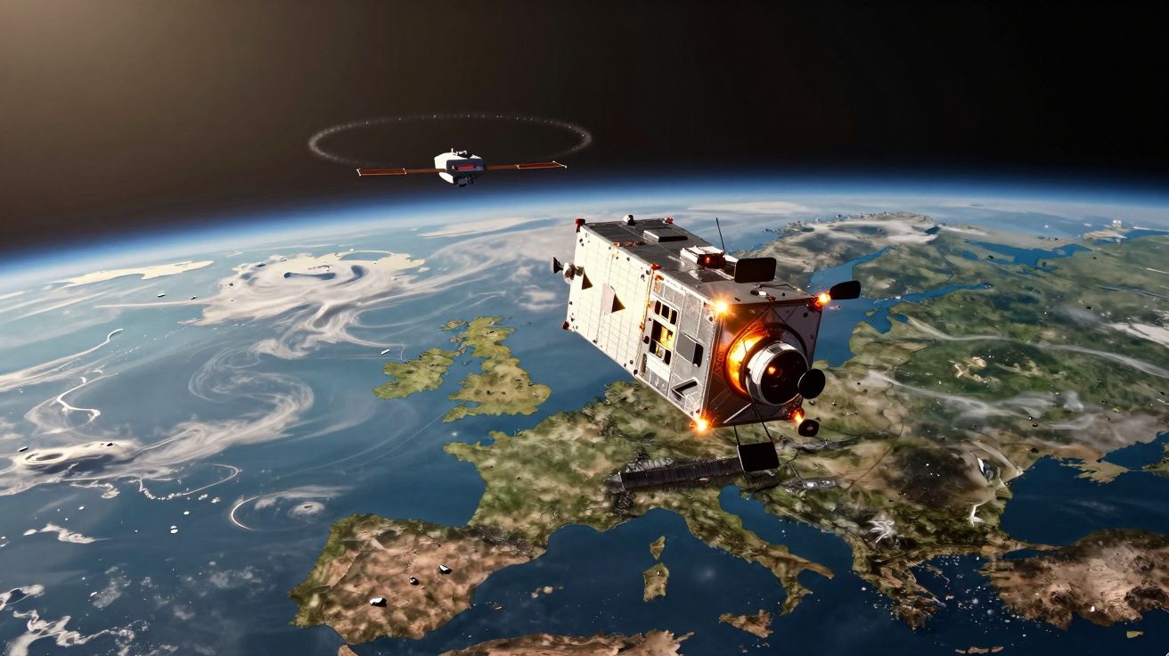 Satélites em órbita a observar o continente europeu com a Terra e a atmosfera visíveis no espaço.