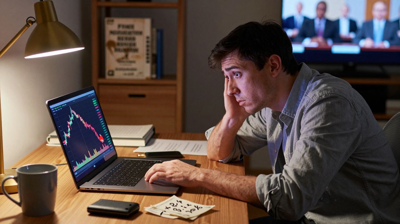 Homem preocupado a olhar para gráfico de ações em queda num computador portátil numa secretária iluminada.