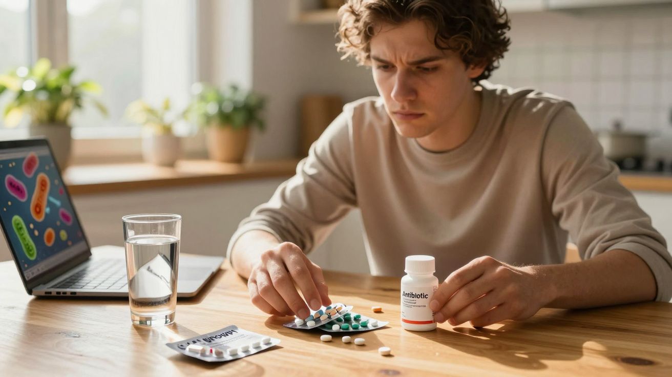 Jovem sentado à mesa a pegar em comprimidos, com frascos de antibiótico e computador ao fundo.