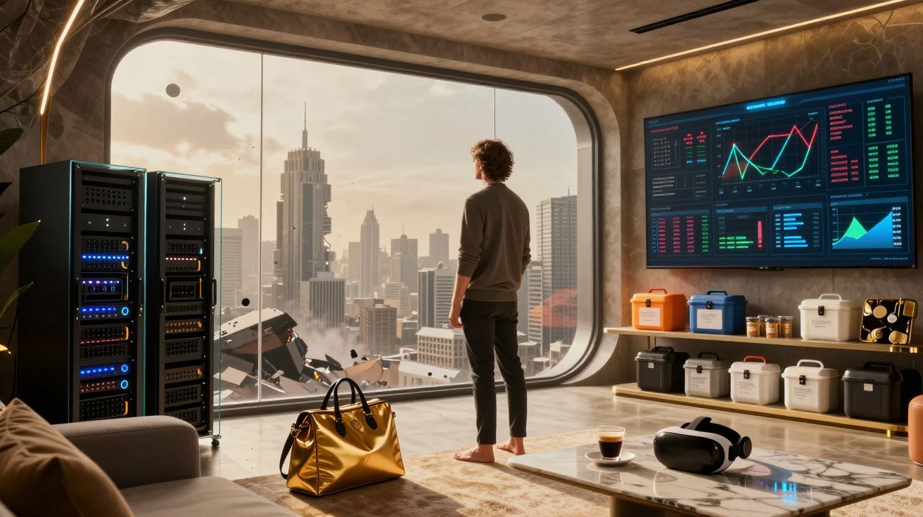 Pessoa de pé descalça numa sala moderna com vista para cidade, ecrã com gráficos e servidores ao lado.