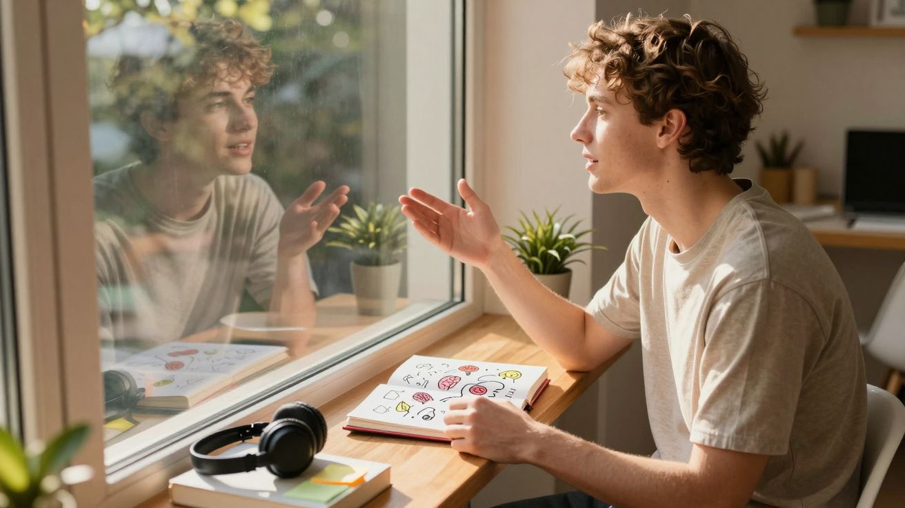 Jovem sentado à secretária junto à janela, lendo um livro ilustrado sobre criatividade e conversando consigo mesmo.