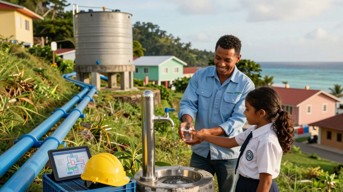 Homem ajuda menina a encher copo de água numa fonte pública num ambiente rural com casas coloridas.