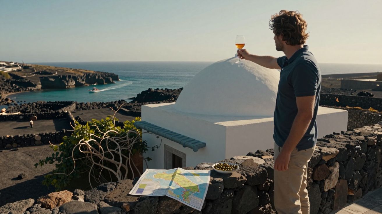 Homem de pé com copo na mão numa varanda com vista para o mar e pedras vulcânicas ao pôr do sol.