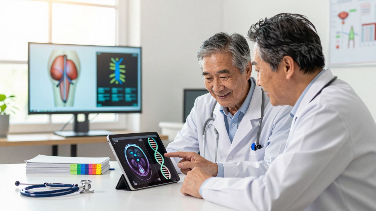 Dois médicos asiáticos em consulta analisam imagens de anatomia e DNA num tablet e computador.