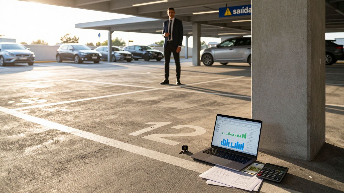 Computador portátil com gráficos, calculadora e documentos no chão de parque de estacionamento, homem ao fundo.