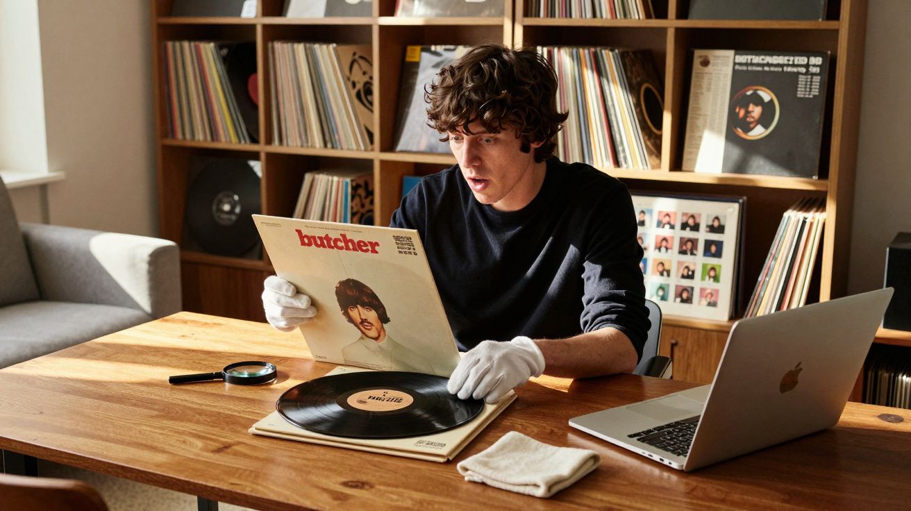 Homem com luvas a guardar um disco de vinil numa capa, sentado numa mesa com computador portátil e lupa.