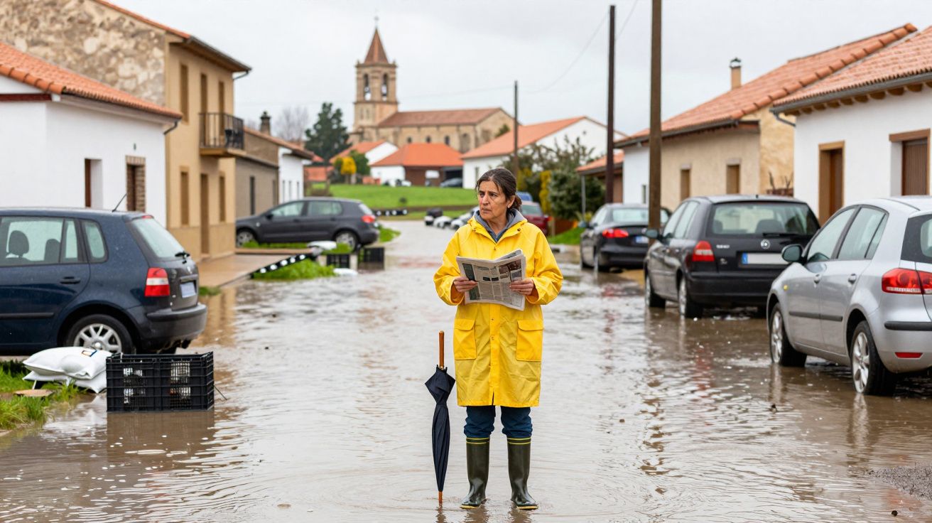Mulher com impermeável amarelo e botas de borracha lê jornal em rua inundada com carros estacionados.
