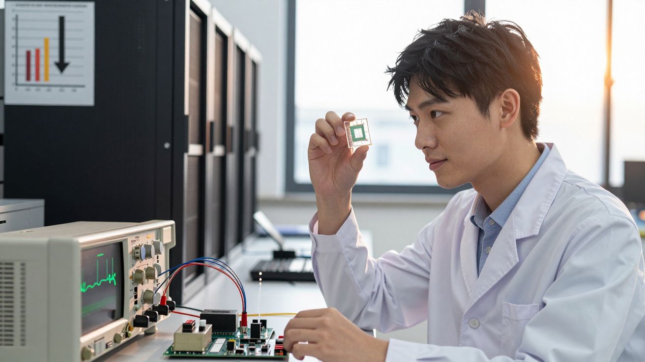 Homem em bata branca analisa microchip junto a equipamento eletrónico num laboratório tecnológico.