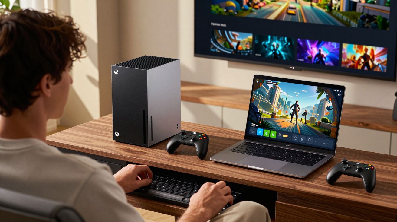 Homem sentado num escritório com consola Xbox Series X, comandos e portátil com jogo na tela.