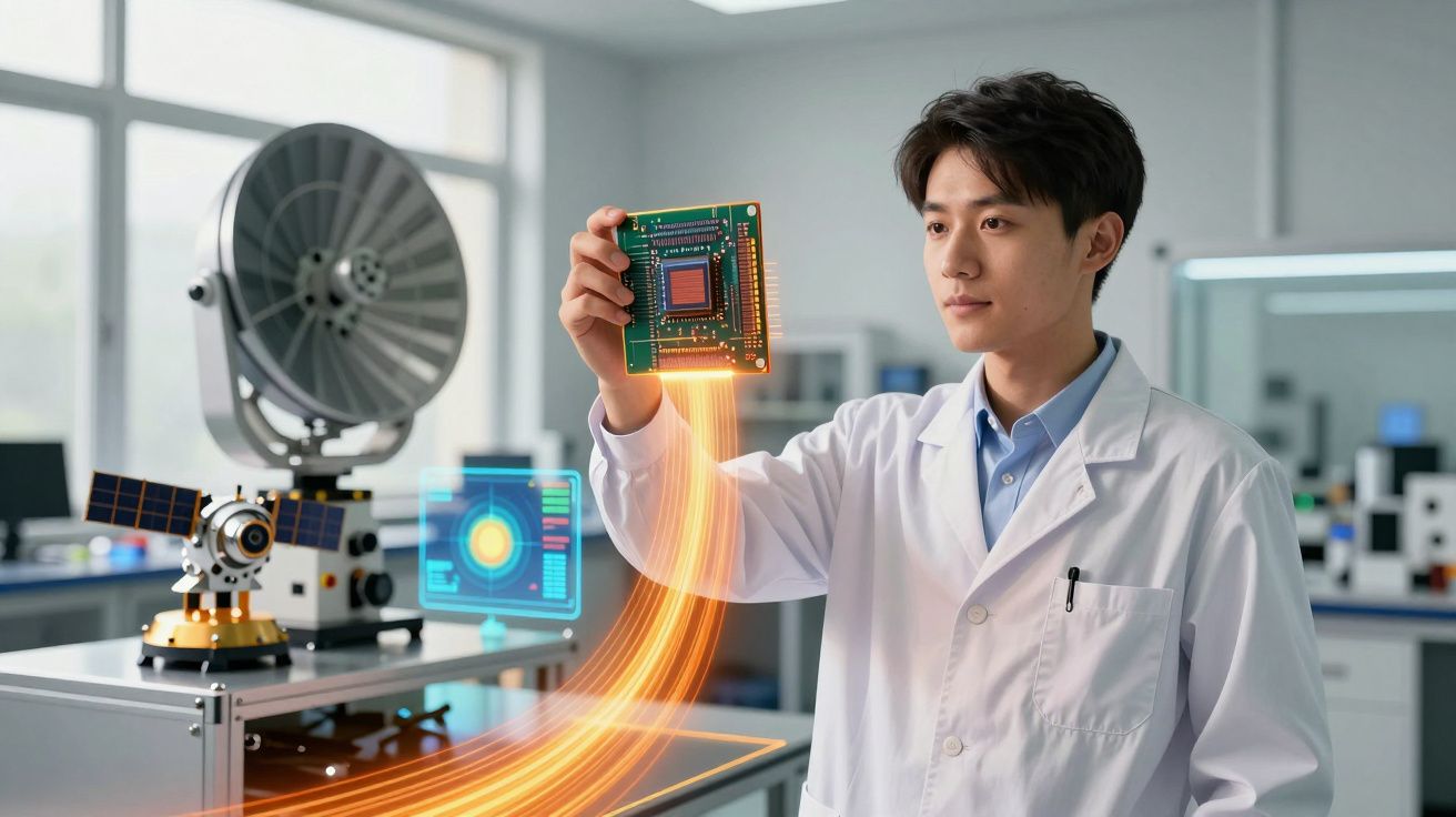 Cientista em laboratório a analisar um microchip com gráficos digitais futuristas, tecnologia avançada.