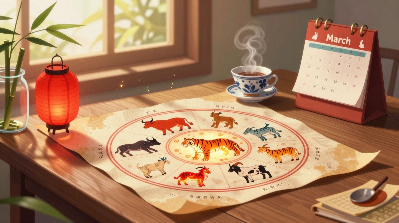Mesa com calendário de março, chá quente, lanterna vermelha, mapa do zodíaco chinês com animais e luz natural a entrar pela j