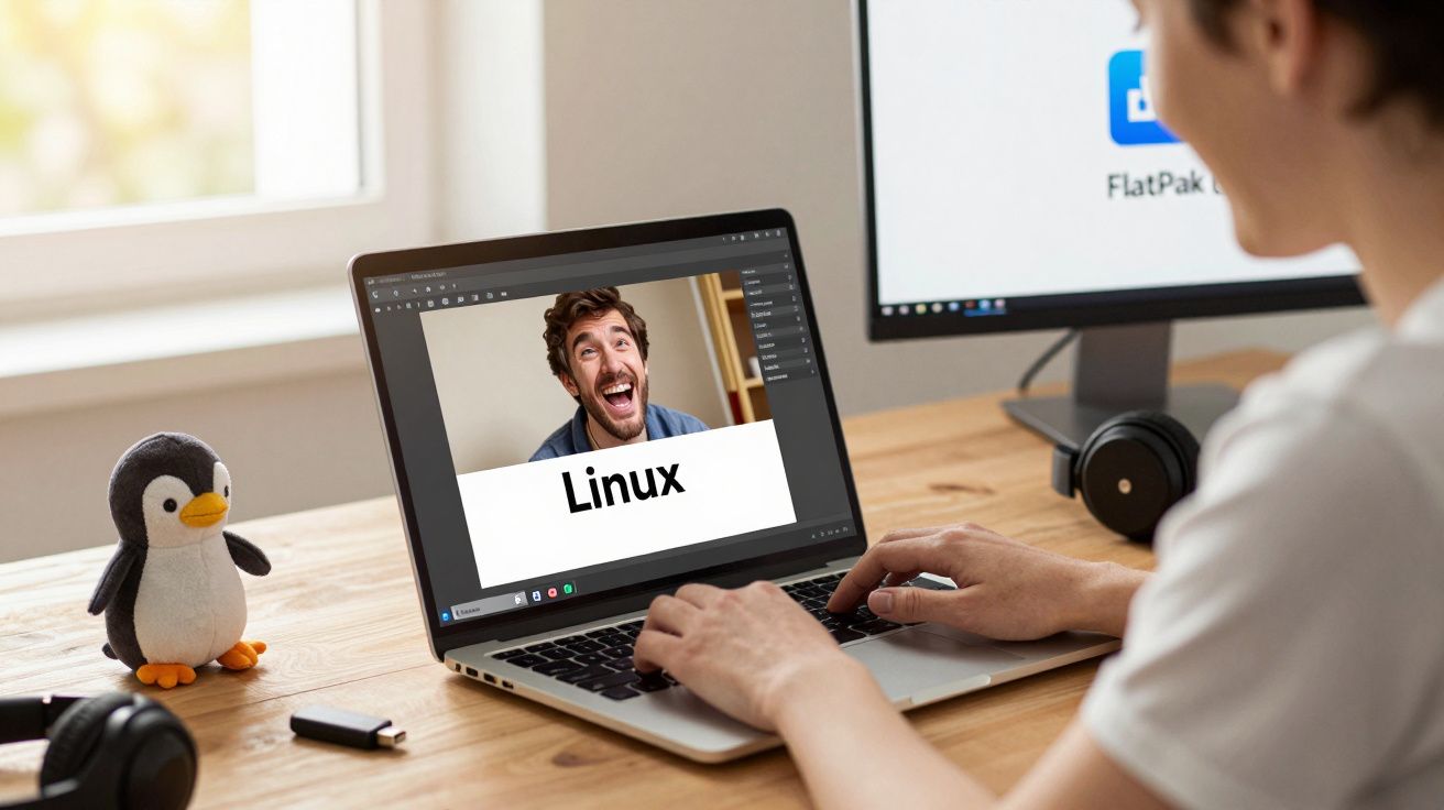 Pessoa a usar laptop com imagem de homem feliz e palavra "Linux", perto de peluche de pinguim numa secretária.