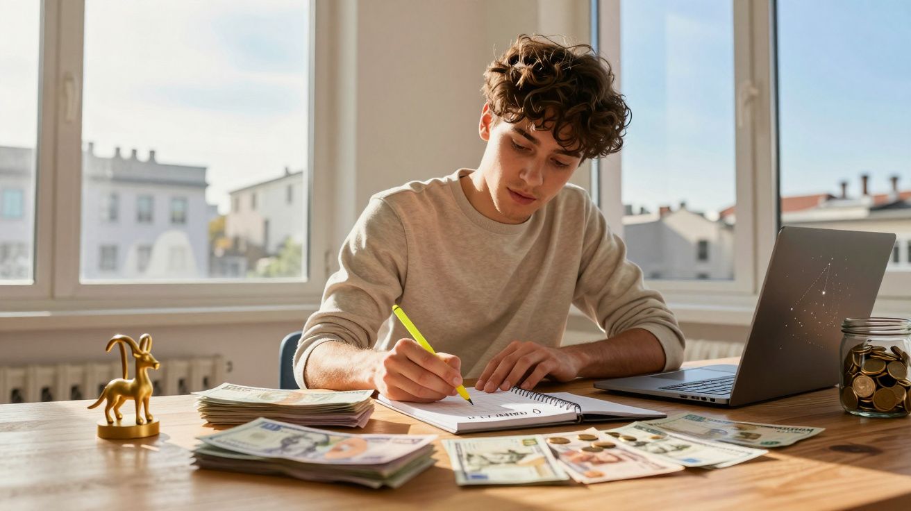 Jovem sentado numa mesa com caderno, dinheiro e portátil, a escrever concentrado junto a uma jarra com moedas.