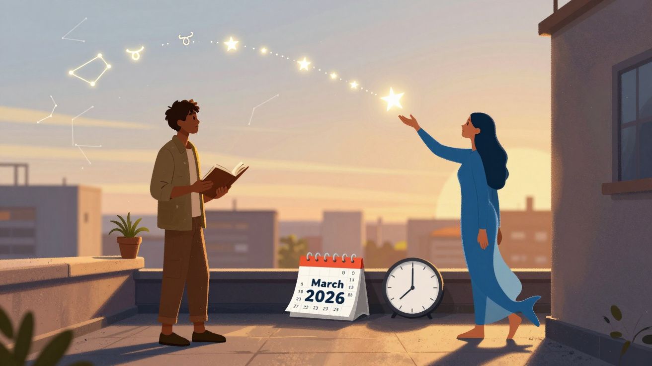 Dois jovens numa varanda ao pôr do sol, estrelas e constelações flutuando entre eles, calendário em março 2026.