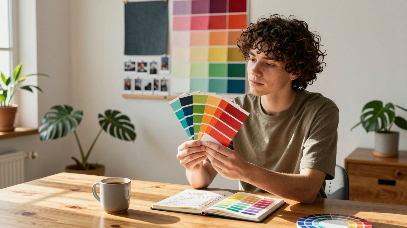 Pessoa sentada a analisar paletas de cores numa sala iluminada naturalmente.