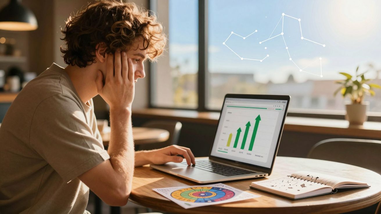 Jovem atento a gráficos de crescimento no ecrã do portátil enquanto estuda num café iluminado.