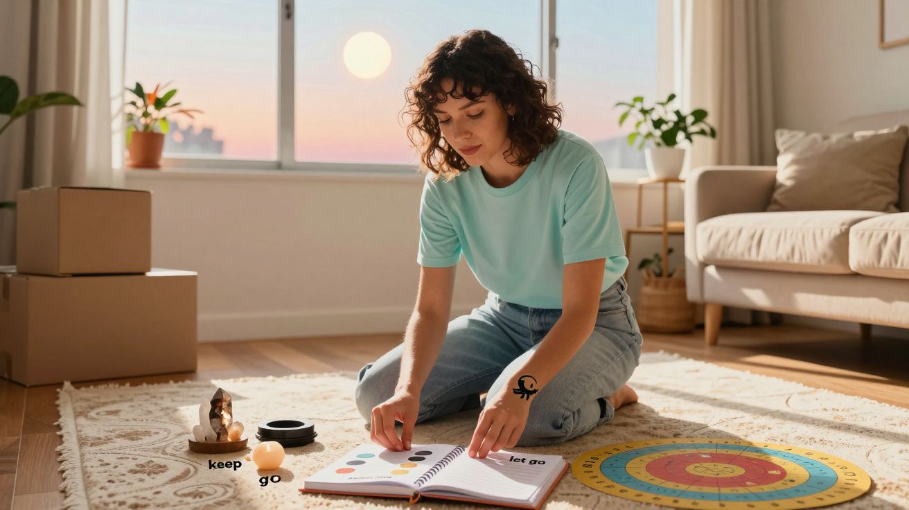 Mulher sentado no chão lendo livro numa sala iluminada do sol ao pôr do sol, rodeada de caixas e objetos.
