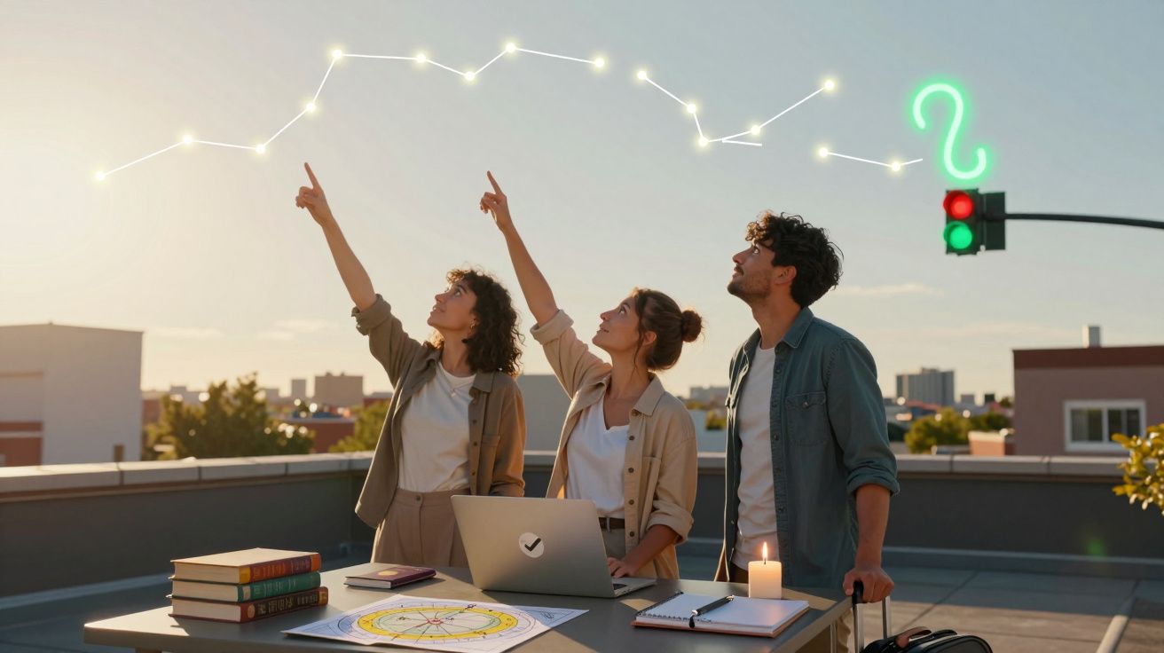 Três jovens a analisar um mapa estelar e a apontar para constelações com semáforo em forma de interrogação ao fundo.