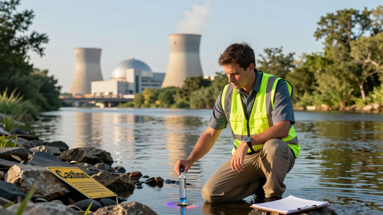 Homem com colete refletor a recolher amostra de água num rio junto a instalação industrial com torres de arrefecimento.