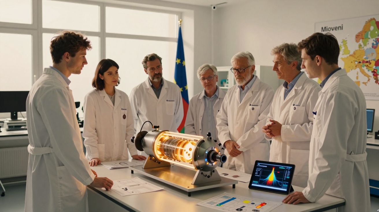 Grupo de cientistas em bata branca a discutir equipamento científico iluminado numa sala moderna.