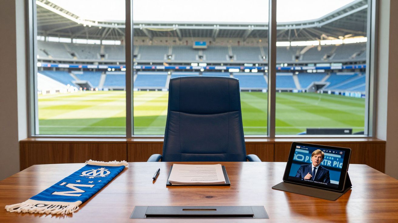Mesa de escritório com cadeirão, cachecol de futebol, documento, caneta e tablet com homem a falar, com vista para estádio at