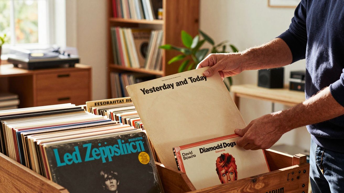 Pessoa a folhear discos de vinil numa caixa de madeira numa sala iluminada.