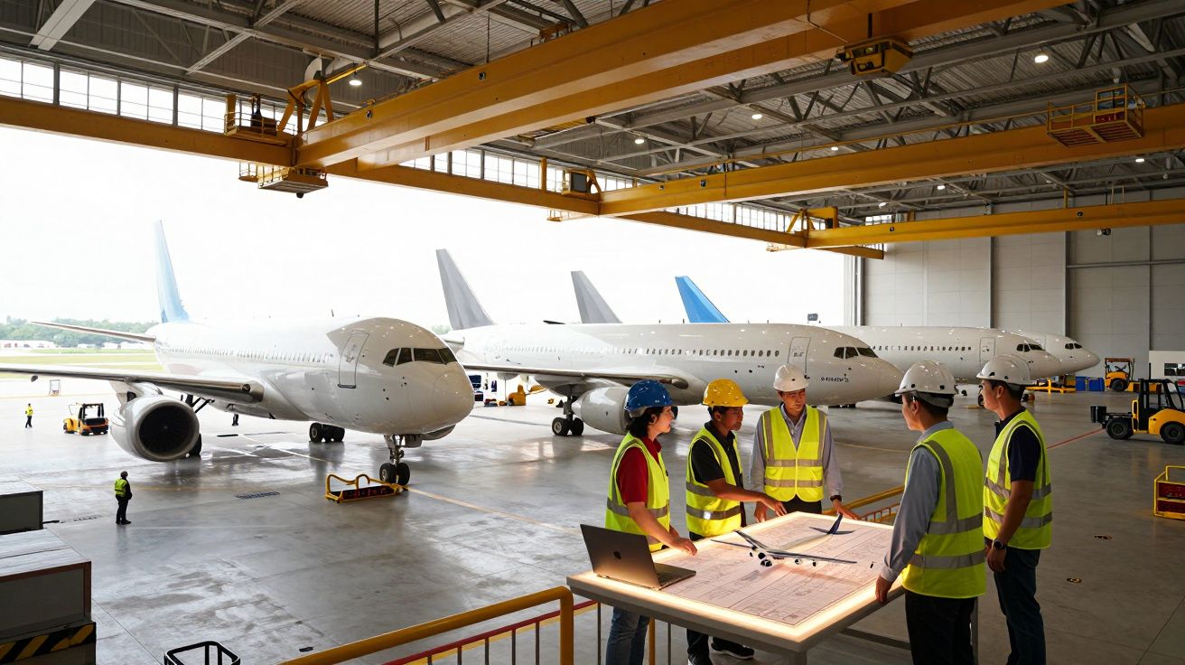 Equipe de engenheiros com capacetes e coletes refletores planeando junto a maquete em hangar com aviões brancos.