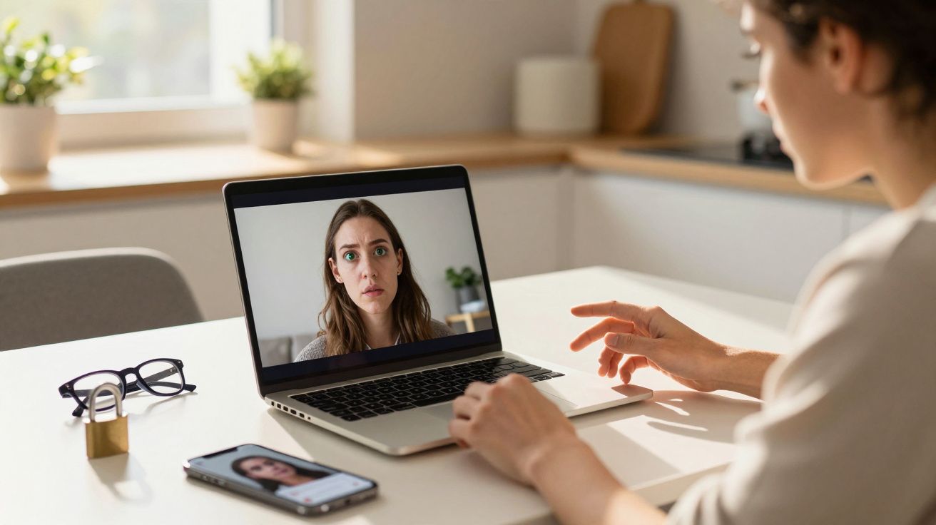 Pessoa numa chamada de vídeo num portátil com outra pessoa na ecrã, numa sala iluminada.