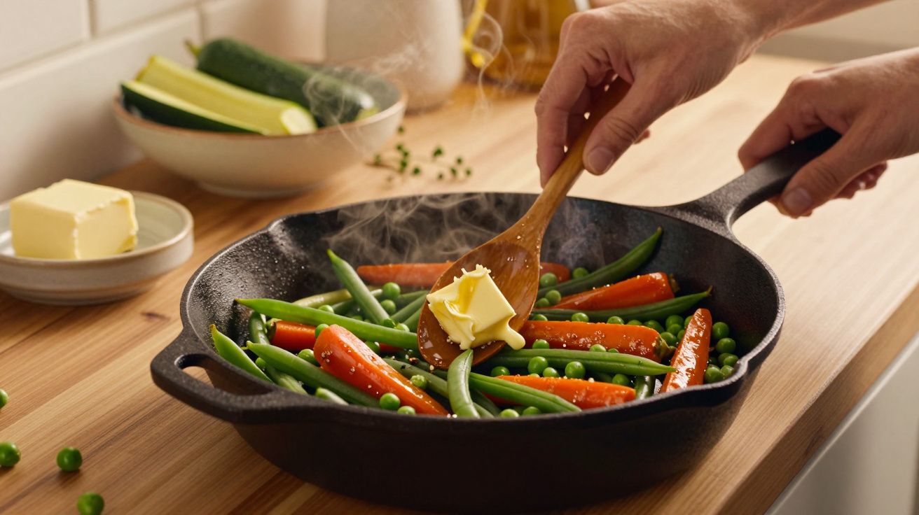 Mãos a cozinhar cenouras, ervilhas e feijão verde numa frigideira de ferro com manteiga a derreter.