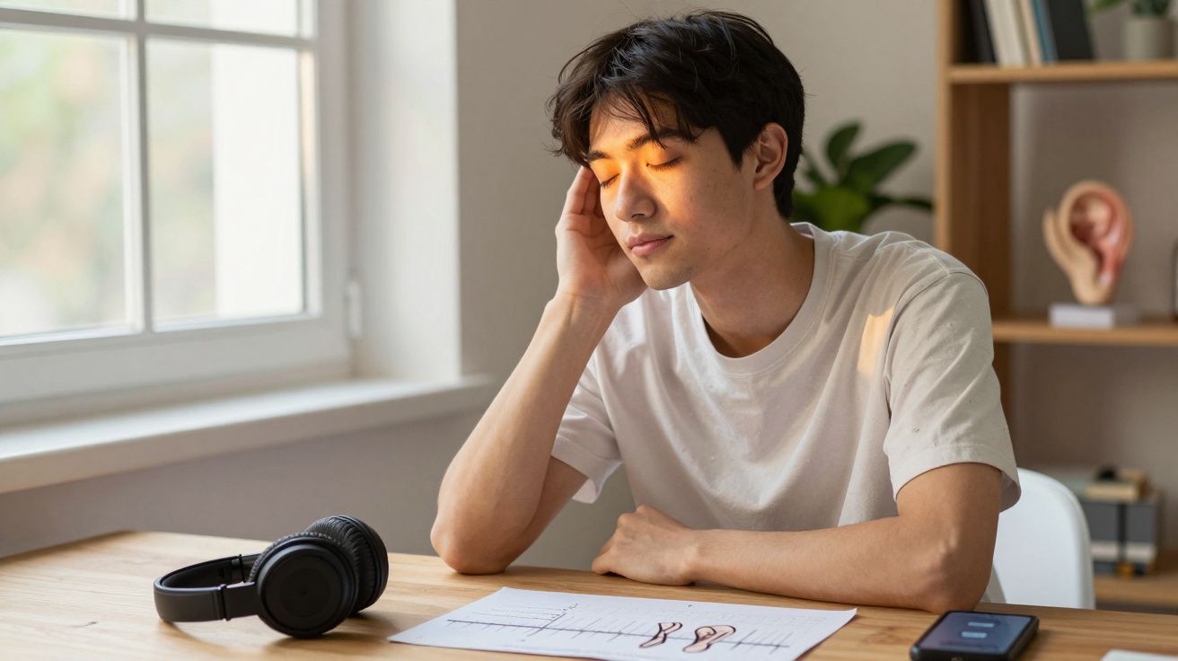 Jovem sentado à mesa a ouvir música com olhos fechados, auscultadores e desenhos de orelhas à frente.