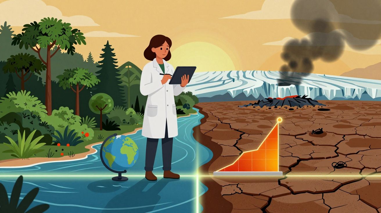 Mulher cientista observa gráfico aumento temperatura entre natureza verde e terra seca com fumo de incêndio.