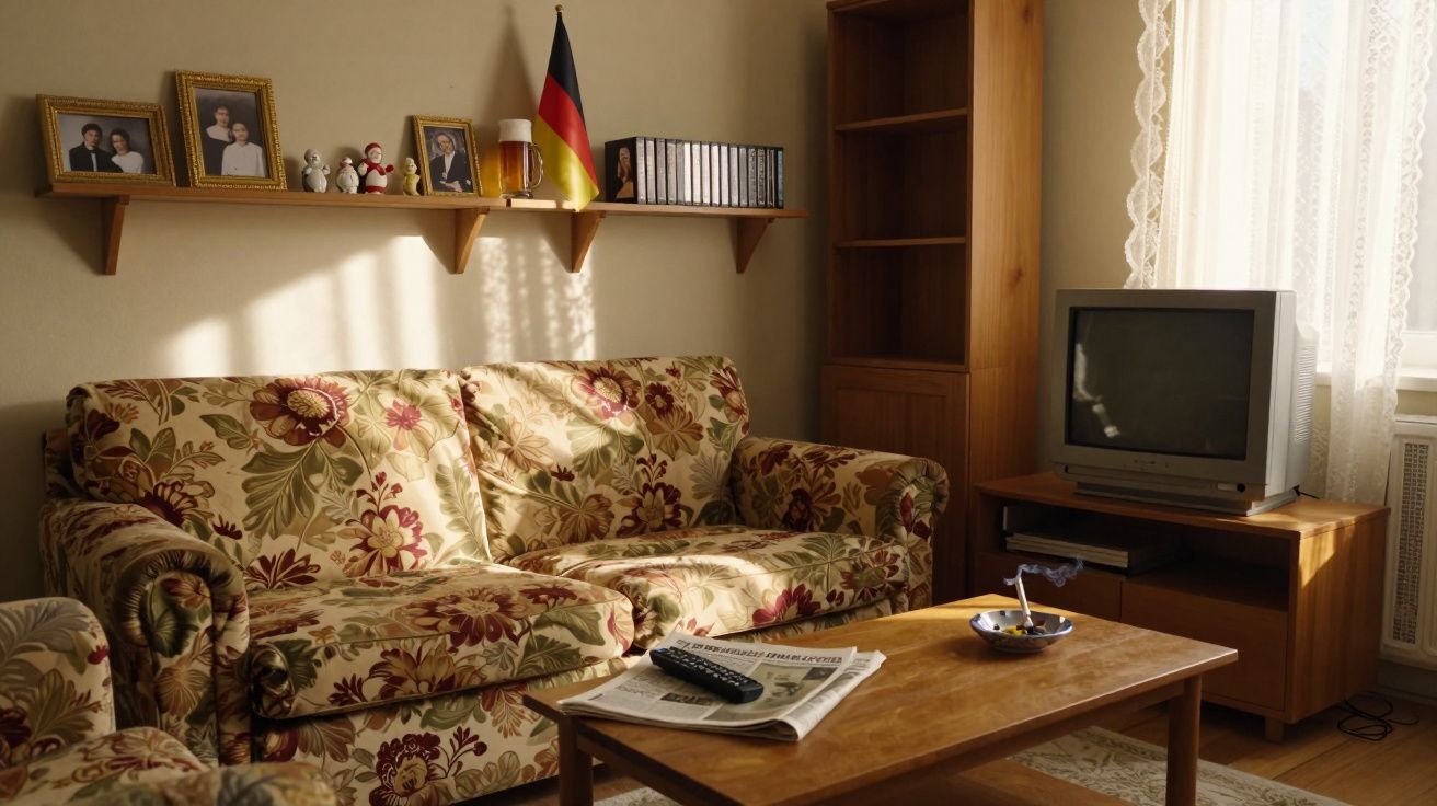Sala de estar com sofá floral, estante, televisão antiga, mesa de madeira com comando e jornal, e prateleira com fotos e obje