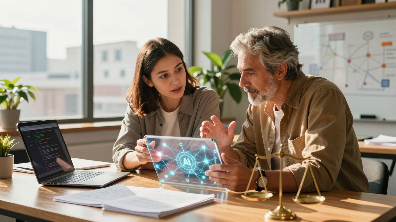Dois colegas a discutir tecnologia de inteligência artificial num escritório moderno com laptop e balança da justiça.