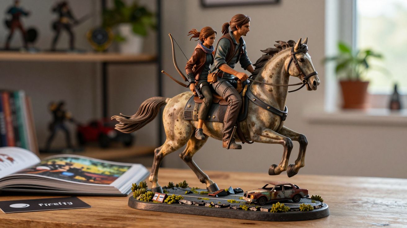 Figura de dois personagens a cavalo numa base detalhada com elementos como um carro abandonado e vegetação.