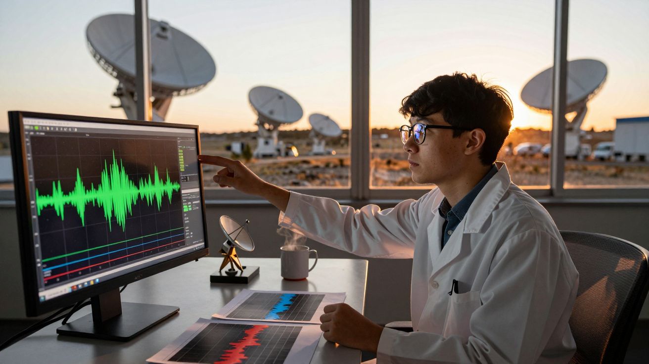 Cientista em bata branca analisa gráficos de ondas sonoras num monitor, com antenas parabólicas ao fundo.