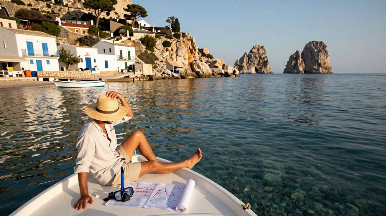 Homem com chapéu de palha sentado na proa de um barco com mapas, à frente de casas brancas e rochedos no mar calmo.