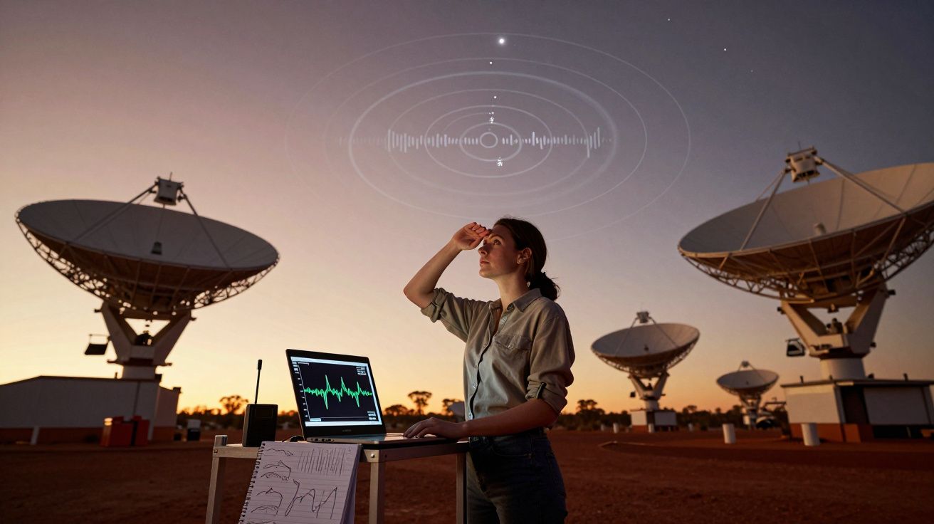 Mulher observa sinal captado por antenas parabólicas durante o pôr do sol num centro de comunicação espacial.