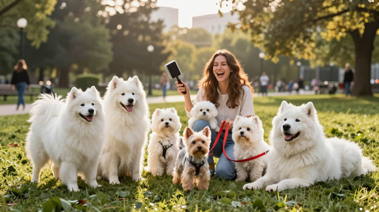 Mulher sorridente com sete cães brancos de diferentes raças sentados num parque ensolarado.