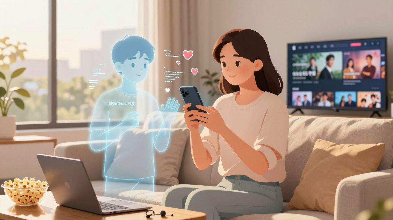 Mulher sentada no sofá a usar telemóvel, interagindo com figura holográfica masculina no ambiente doméstico.