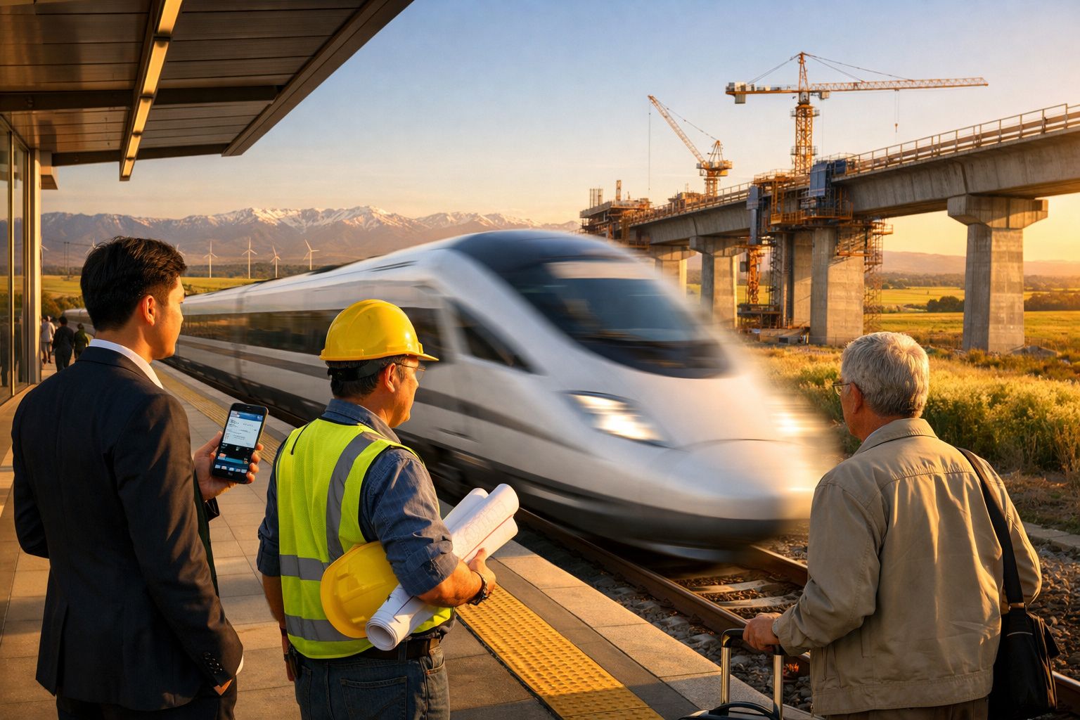 Três homens observam comboio veloz numa estação perto de obra em ponte com gruas ao pôr do sol.