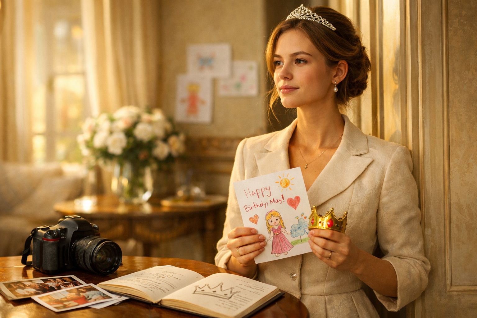 Mulher jovem segura um cartão de aniversário e uma pequena coroa dourada, sentada junto a uma mesa com livros e fotos.