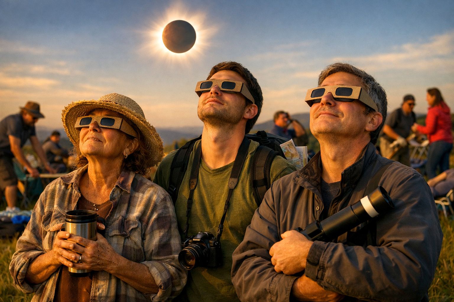 Três pessoas com óculos de proteção observam eclipse solar ao ar livre, com céu ao pôr do sol ao fundo.