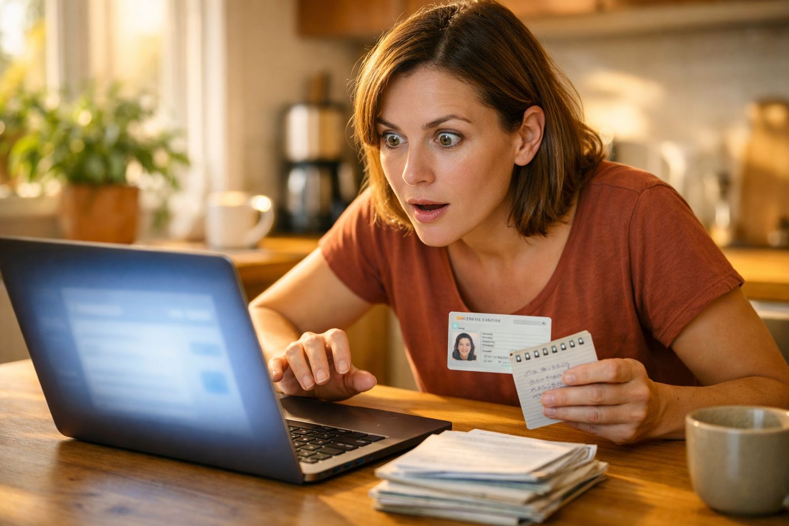 Mulher surpreendida a usar computador, segurando cartão de identificação e bloco de notas numa cozinha.
