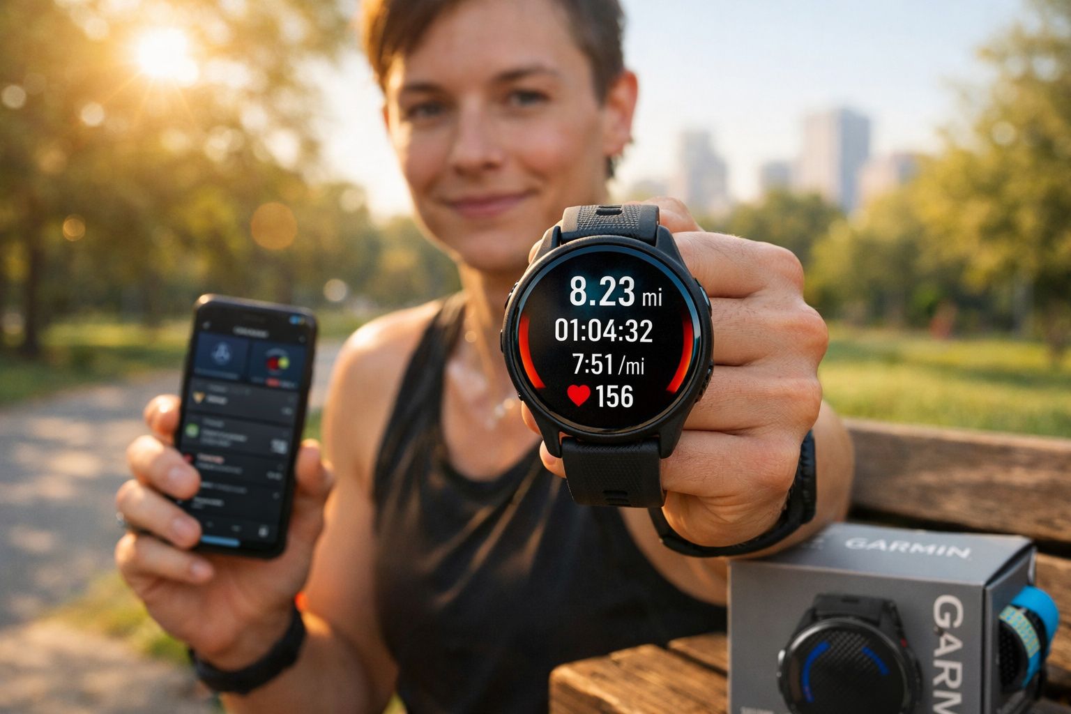 Pessoa com roupa desportiva mostra relógio Garmin com dados de corrida e telemóvel ao ar livre num parque.